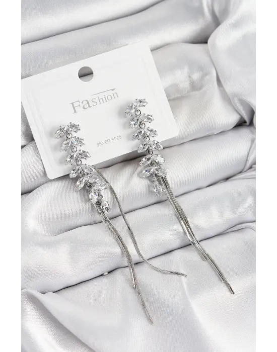 Pirinç Zirkon Taşlı Sallantılı Model Gümüş Renk 925 Ayar Gümüş Çivi Kadın Küpe