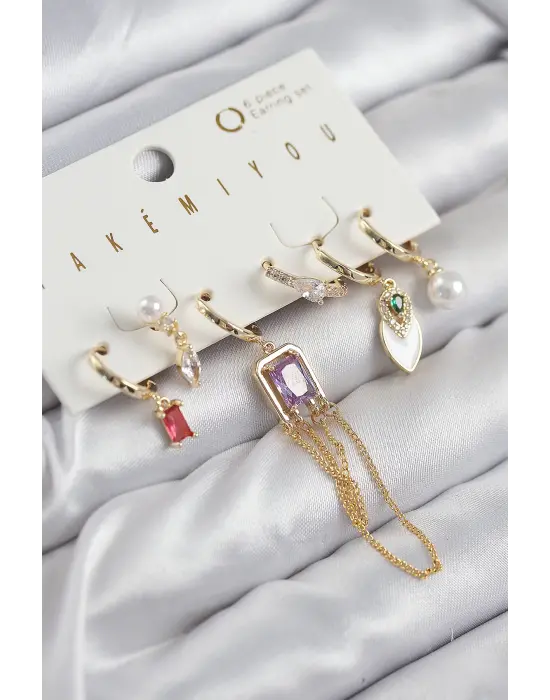 Pirinç Zirkon Taşlı Sallantılı Ve İncili Gold Renk 6lı Küpe Set