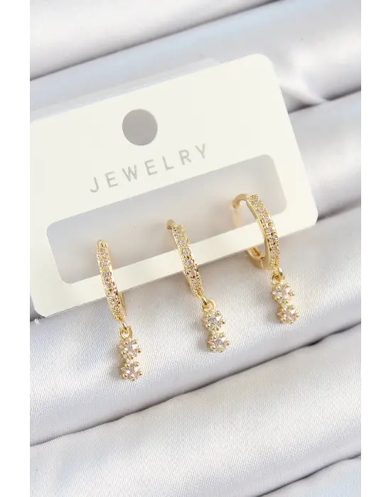 Pirinç Zirkon Taşlı Sallantılı Yıldız Model Gold Renk 3lü Çift Kadın Küpe Set