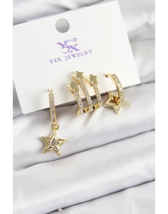 Pirinç Zİrkon Taşlı Sallantılı Yıldız Model Gold Renk 3lü Kadın Küpe