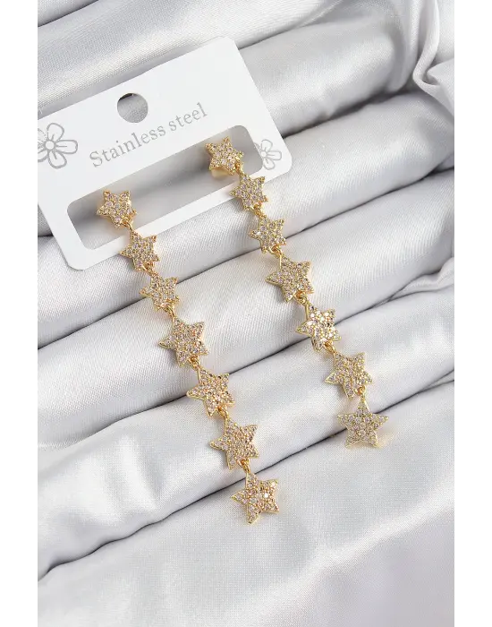 Pirinç Zirkon Taşlı Sallantılı Yıldız Model Gold Renk Kadın Küpe