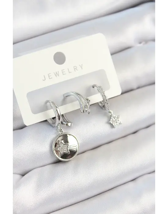 Pirinç Zirkon Taşlı Sallantılı Yıldız Model Gümüş Renk 3lü Çift Kadın Küpe Set