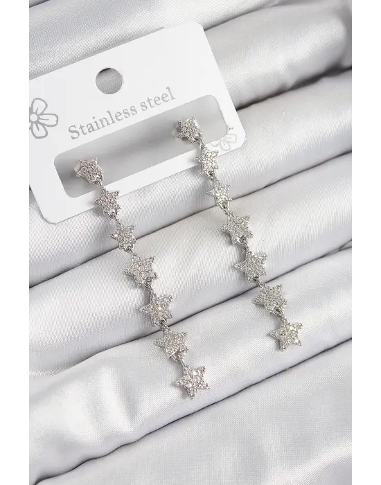 Pirinç Zirkon Taşlı Sallantılı Yıldız Model Gümüş Renk Kadın Küpe