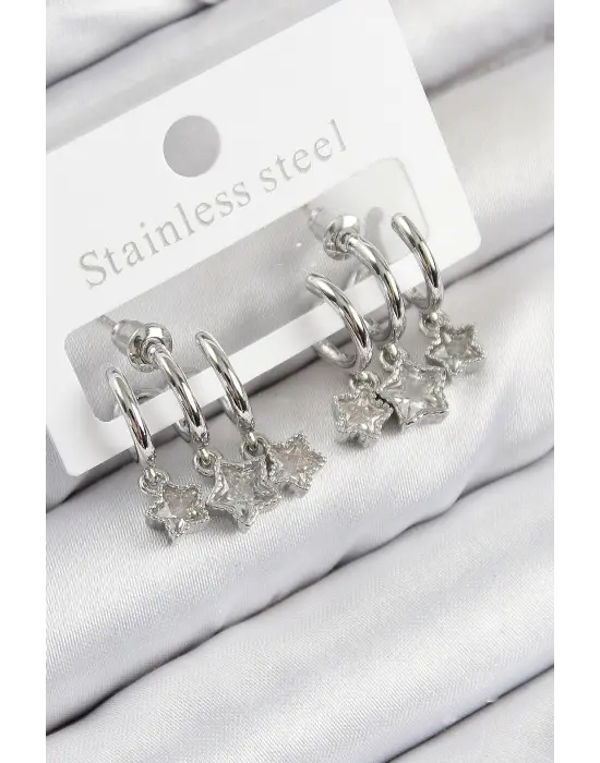 Pirinç Zirkon Taşlı Sallantılı Yıldız Model Gümüş Renk Kadın Küpe