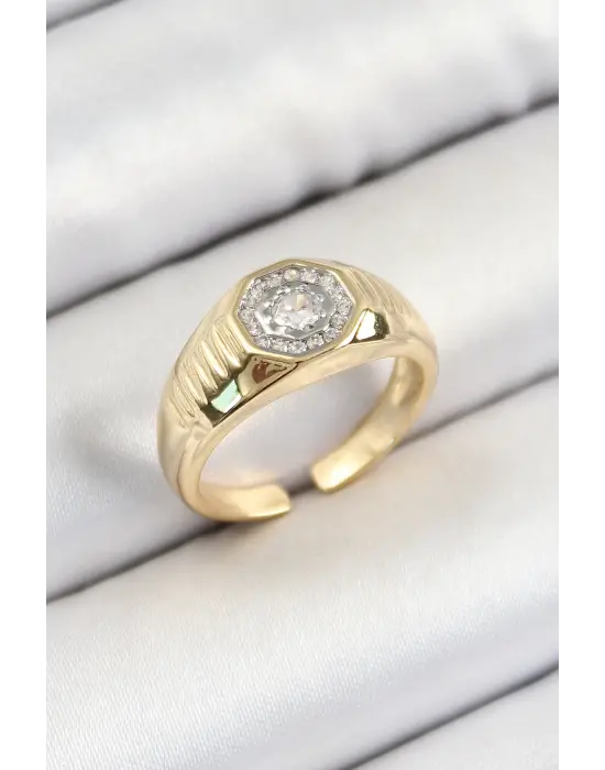 Pirinç Zirkon Taşlı Sekizgen Model Gold Renk Kadın Yüzük