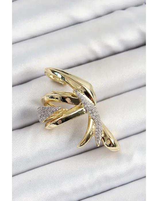 Pirinç Zirkon Taşlı Sıkıştırma Sağ Kıkırdak Gold Renk Kadın Küpe