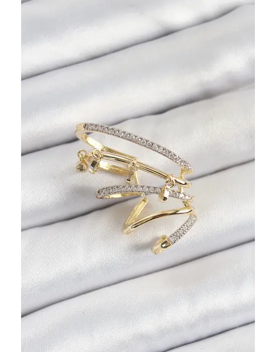 Pirinç Zirkon Taşlı Sıkıştırma Sağ Kıkırdak Gold Renk Kadın Küpe