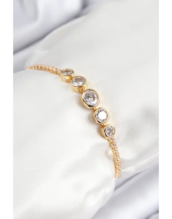 Pirinç Zirkon Taşlı Sıralı Daire Model Gold Renk Asansörlü Kadın Bileklik