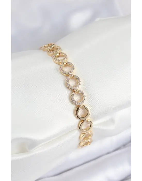 Pirinç Zirkon Taşlı Sıralı Halka Model Gold Renk Kadın Bileklik