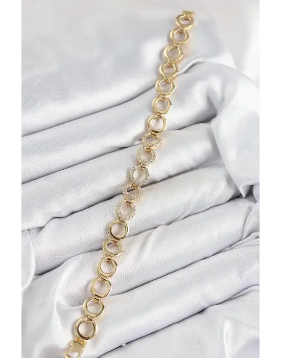 Pirinç Zirkon Taşlı Sıralı Halka Model Gold Renk Kadın Bileklik