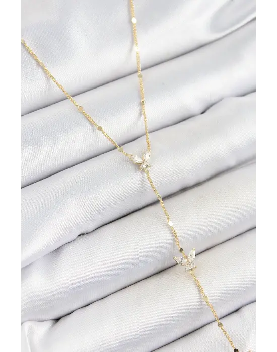 Pirinç Zirkon Taşlı Sıralı Kelebek Figürlü Y Model Gold Renk Kadın Kolye