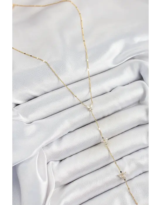 Pirinç Zirkon Taşlı Sıralı Kelebek Figürlü Y Model Gold Renk Kadın Kolye