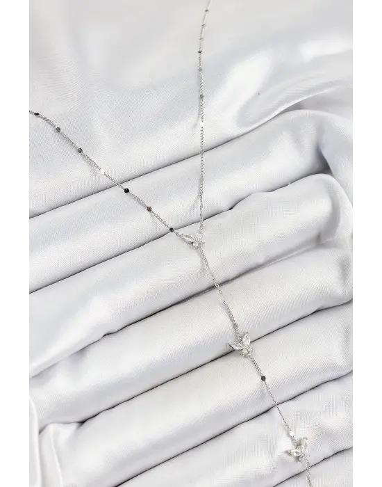 Pirinç Zirkon Taşlı Sıralı Kelebek Figürlü Y Model Gümüş Renk Kadın Kolye