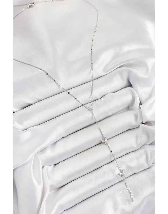 Pirinç Zirkon Taşlı Sıralı Kelebek Figürlü Y Model Gümüş Renk Kadın Kolye