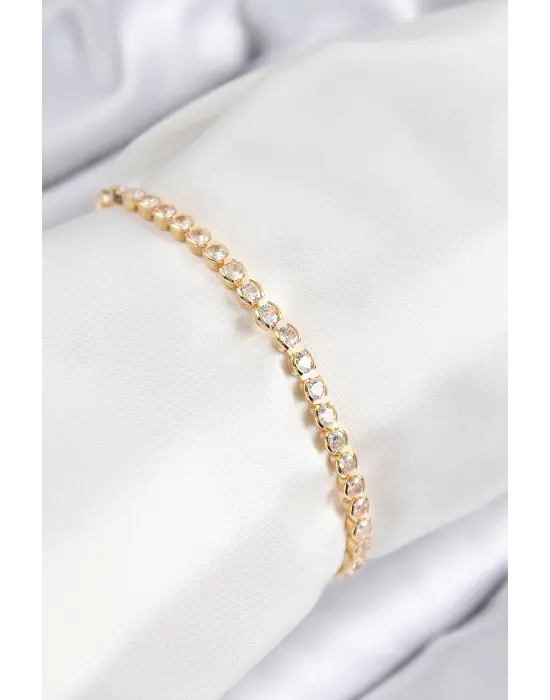 Pirinç Zirkon Taşlı Sıralı Model Gold Renk Asansörlü Kadın Bileklik