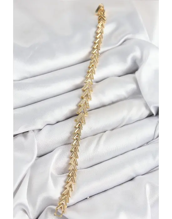 Pirinç Zirkon Taşlı Sıralı Ok Model Gold Renk Kadın Bileklik
