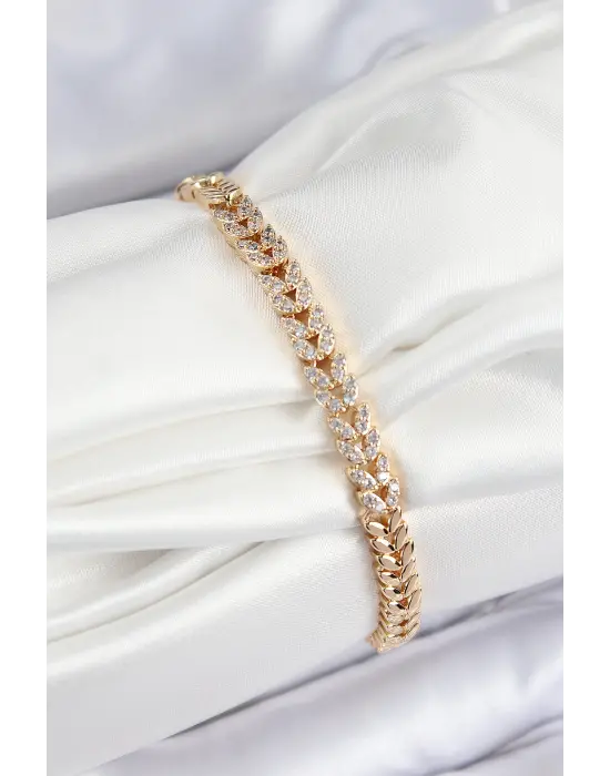 Pirinç Zirkon Taşlı Sıralı Yaprak Model Gold Renk Kadın Bileklik