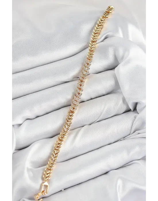 Pirinç Zirkon Taşlı Sıralı Yaprak Model Gold Renk Kadın Bileklik