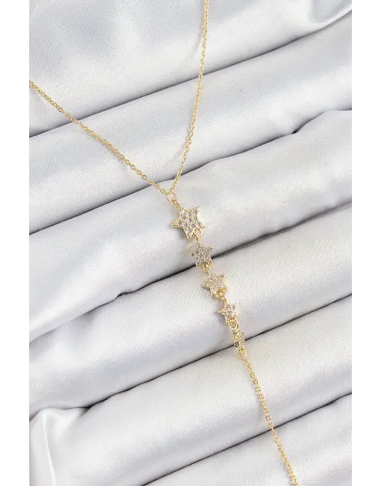 Pirinç Zirkon Taşlı Sıralı Yıldız Figürlü Y Model Gold Renk Kadın Kolye