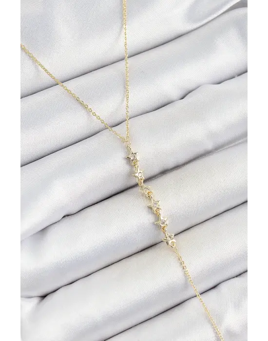 Pirinç Zirkon Taşlı Sıralı Yıldız Figürlü Y Model Gold Renk Kadın Kolye