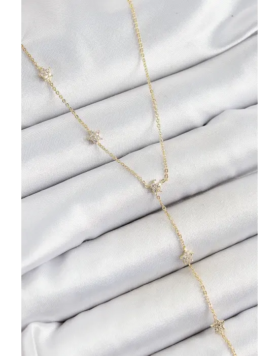 Pirinç Zirkon Taşlı Sıralı Yıldız Figürlü Y Model Gold Renk Kadın Kolye