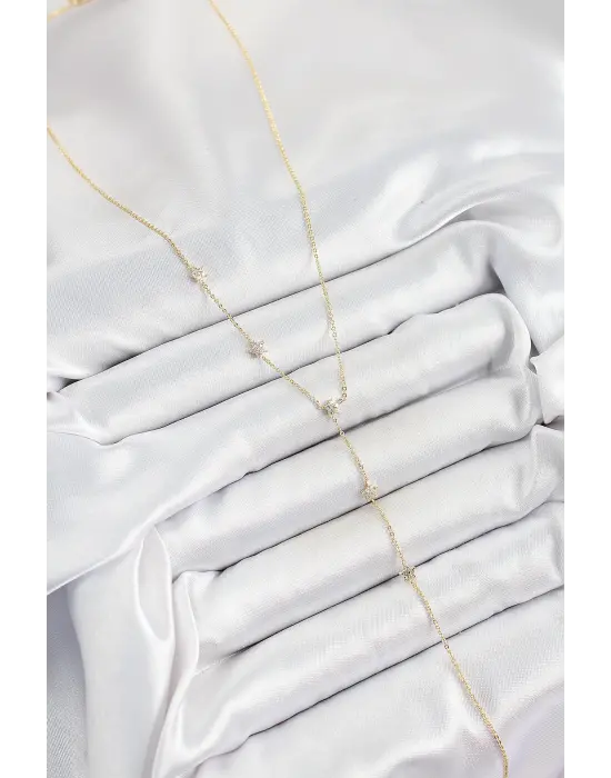 Pirinç Zirkon Taşlı Sıralı Yıldız Figürlü Y Model Gold Renk Kadın Kolye