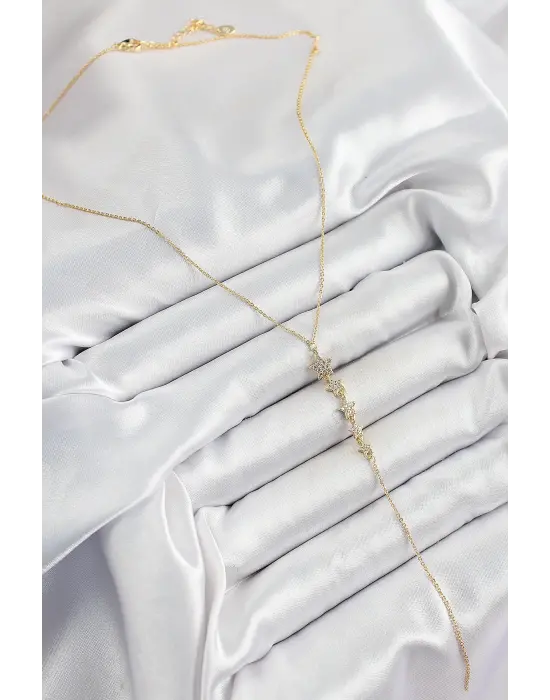 Pirinç Zirkon Taşlı Sıralı Yıldız Figürlü Y Model Gold Renk Kadın Kolye