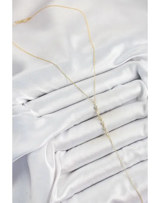 Pirinç Zirkon Taşlı Sıralı Yıldız Figürlü Y Model Gold Renk Kadın Kolye