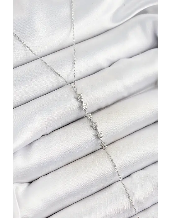 Pirinç Zirkon Taşlı Sıralı Yıldız Figürlü Y Model Gümüş Renk Kadın Kolye