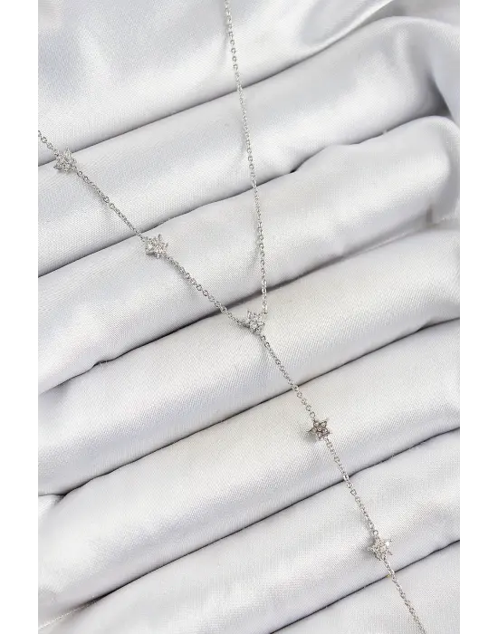 Pirinç Zirkon Taşlı Sıralı Yıldız Figürlü Y Model Gümüş Renk Kadın Kolye