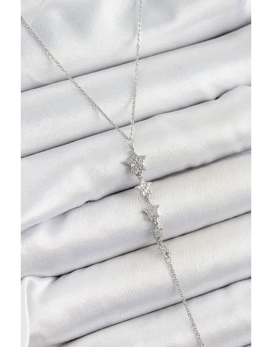 Pirinç Zirkon Taşlı Sıralı Yıldız Figürlü Y Model Gümüş Renk Kadın Kolye