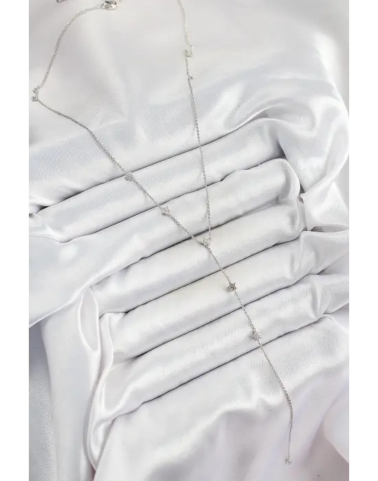 Pirinç Zirkon Taşlı Sıralı Yıldız Figürlü Y Model Gümüş Renk Kadın Kolye