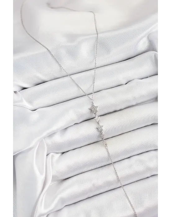 Pirinç Zirkon Taşlı Sıralı Yıldız Figürlü Y Model Gümüş Renk Kadın Kolye