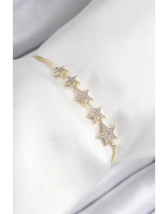 Pirinç Zirkon Taşlı Sıralı Yıldız Model Gold Renk Asansörlü Kadın Bileklik