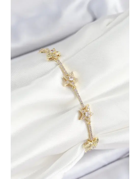 Pirinç Zirkon Taşlı Sıralı Yıldız Model Gold Renk Kadın Bileklik