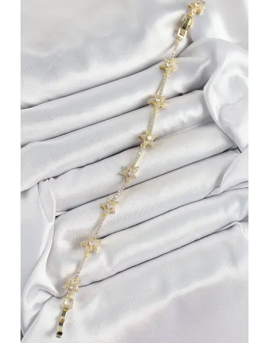 Pirinç Zirkon Taşlı Sıralı Yıldız Model Gold Renk Kadın Bileklik