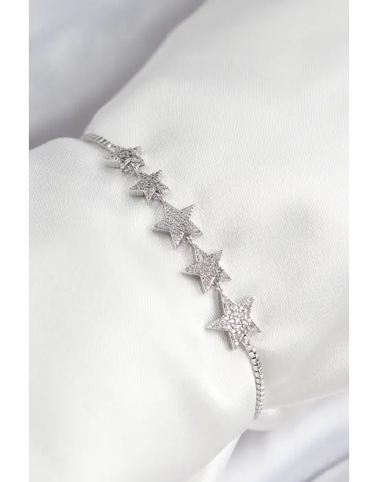 Pirinç Zirkon Taşlı Sıralı Yıldız Model Gümüş Renk Asansörlü Kadın Bileklik