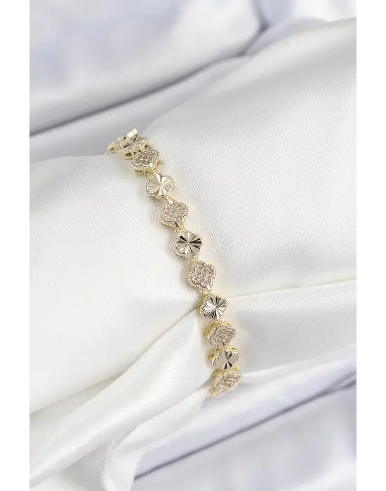 Pirinç Zirkon Taşlı Sıralı Yonca Model Gold Renk Kadın Bileklik