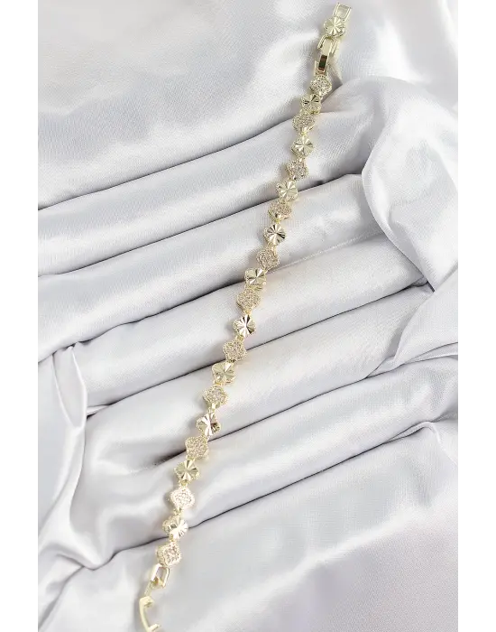 Pirinç Zirkon Taşlı Sıralı Yonca Model Gold Renk Kadın Bileklik