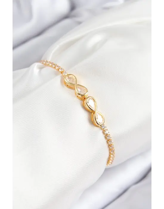 Pirinç Zirkon Taşlı Sonsuzluk Model Gold Renk Asansörlü Kadın Bileklik