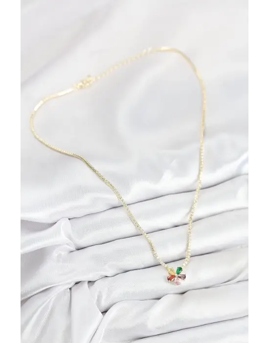 Pirinç Zirkon Taşlı Su Yolu Asorti Çiçek Model Gold Renk Kadın Kolye