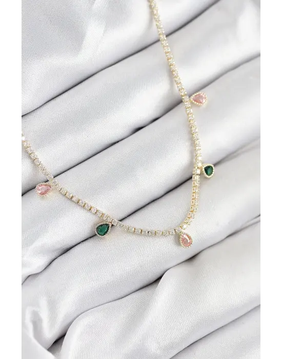 Pirinç Zirkon Taşlı Su Yolu Damla Model Gold Renk Kadın Kolye