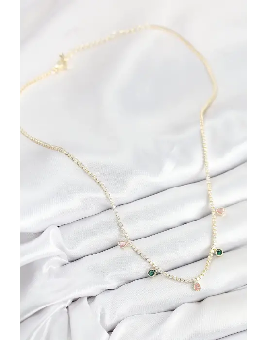 Pirinç Zirkon Taşlı Su Yolu Damla Model Gold Renk Kadın Kolye