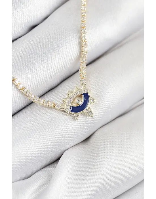 Pirinç Zirkon Taşlı Su Yolu Göz Model Gold Renk Kadın Kolye