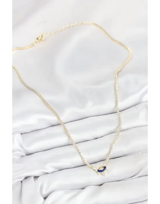Pirinç Zirkon Taşlı Su Yolu Göz Model Gold Renk Kadın Kolye