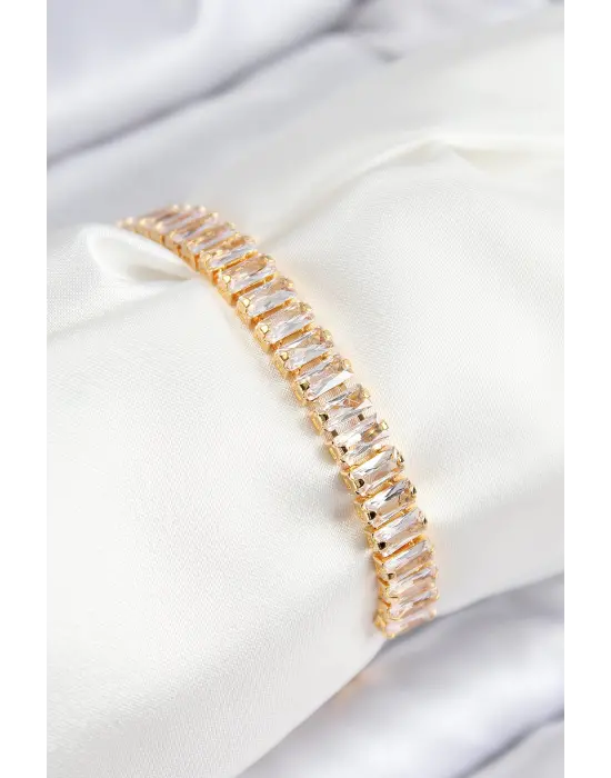 Pirinç Zirkon Taşlı Su Yolu Model Gold Renk Asansörlü Kadın Bileklik