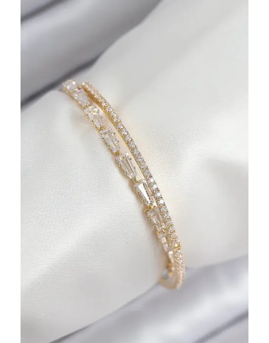 Pirinç Zirkon Taşlı Su Yolu Model Gold Renk Kadın Bileklik