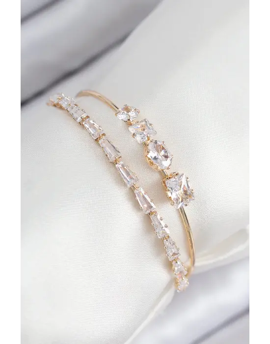 Pirinç Zirkon Taşlı Su Yolu Model Gold Renk Kadın Bileklik