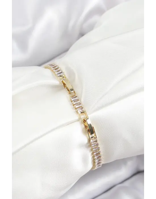 Pirinç Zirkon Taşlı Su Yolu Model Gold Renk Kadın Bileklik