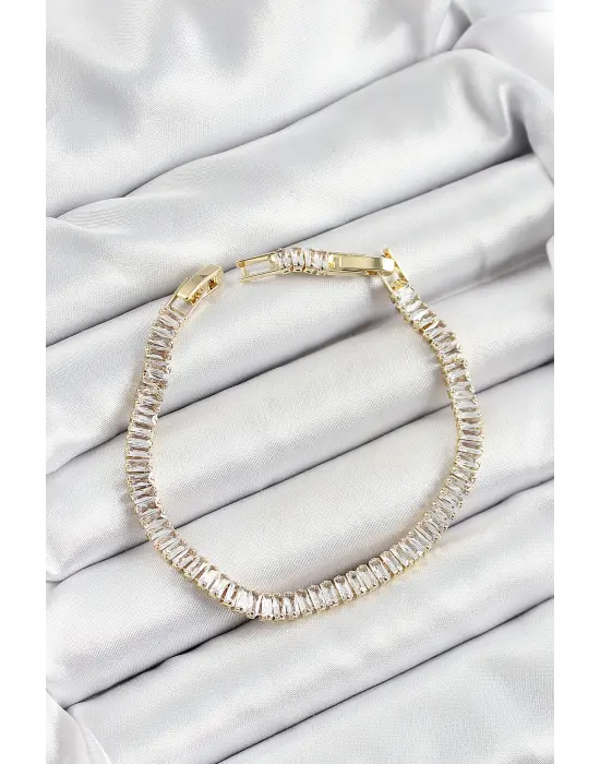 Pirinç Zirkon Taşlı Su Yolu Model Gold Renk Kadın Bileklik